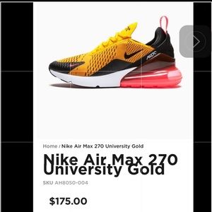 Nike Air Max 270 “Black/University Gold-Hot Punch-White” Size 10.5 Men